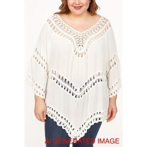 Vivid Women’s White Crochet Boho Cover Up Tunic Plus Size 2X Beachy Cottagecore